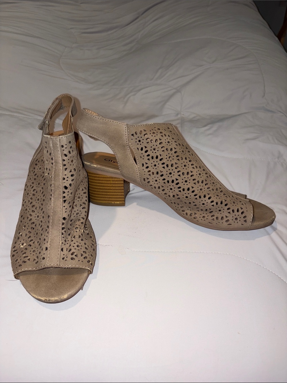 Cityclassified Women's Taupe Laser-Cut Open Toe Block Heel Sandals